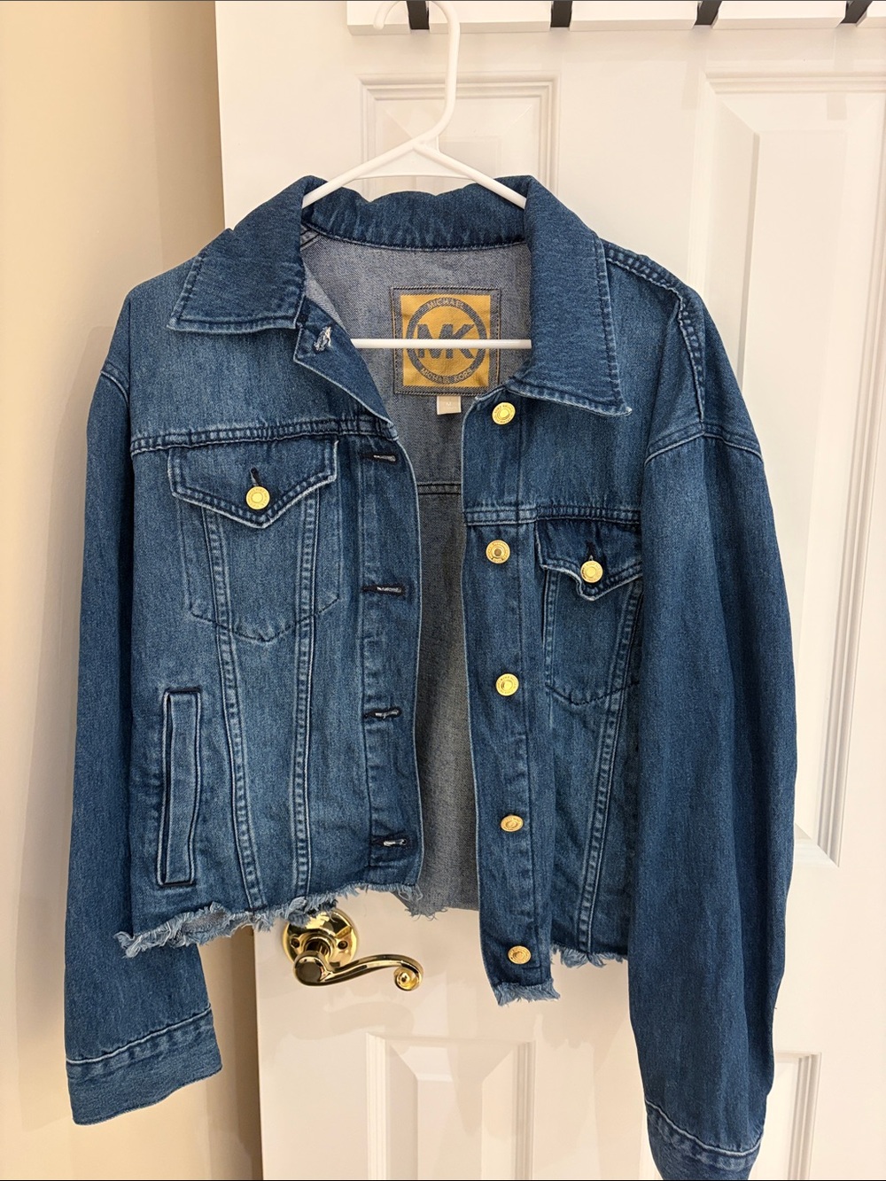 Michael Kors Blue Denim Cropped Jean Jacket with Gold Buttons